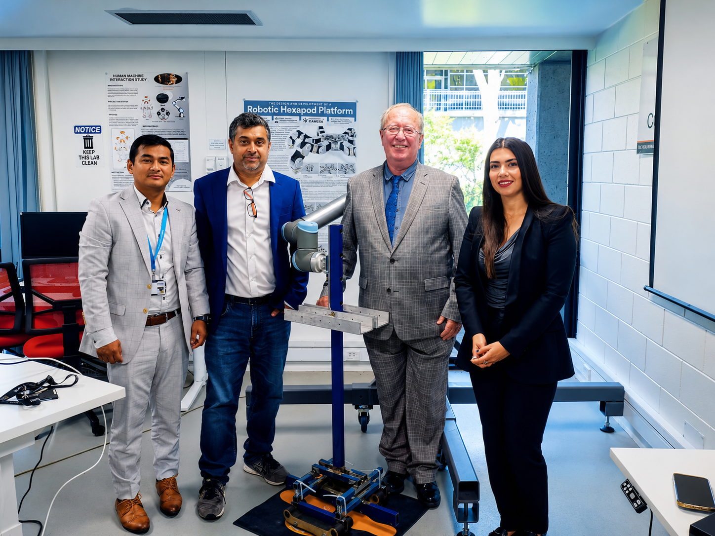 Ian Bergman and University of Canberra researchers with the Robotic Hexapod Platform and Balance Mat